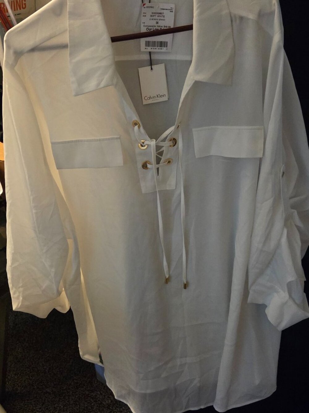 Calvin Klein White Tie Neck Blouse 3X Gold Eyelets Career Top